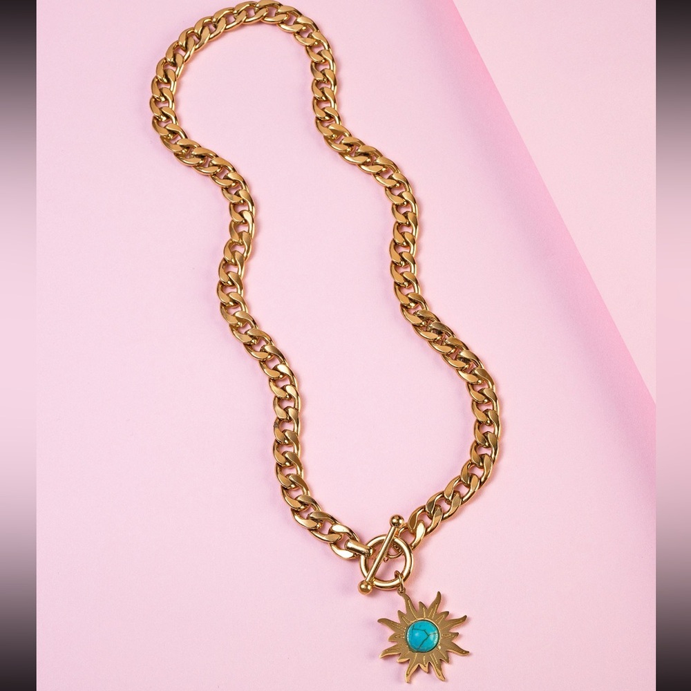 ๐ 18k Gold Sunburst Pendant Charm Necklace, Chunky Curb Chain Toggle Necklace - Picture 4 of 14
